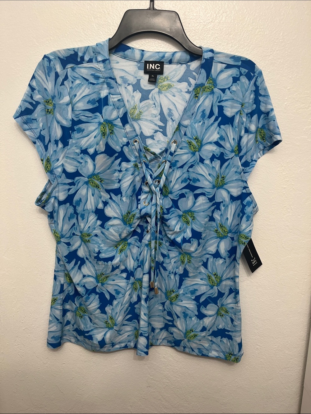 INC International Concepts Blue Floral Lace-Up V-Neck Blouse